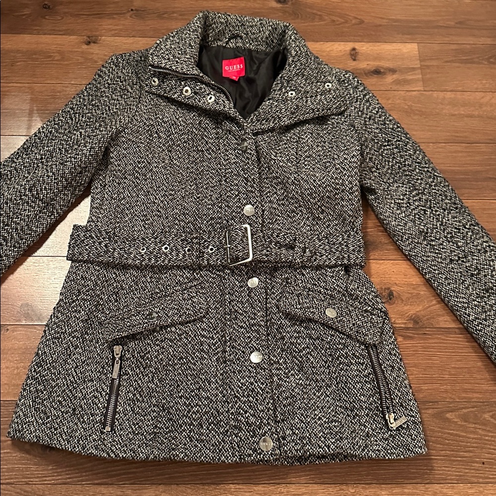 Guess Black and White Tweed Belted Jacket XS